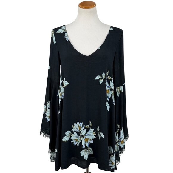 Free People Floral Print Lace Trim Bell Sleeve Mini Shift Dress S| Whimsigoth FP - Picture 2 of 16
